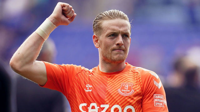 Everton goalkeeper Jordan Pickford salutes the fans after the Premier League match at the King Power Stadium, Leicester. Picture date: Sunday May 8, 2022.