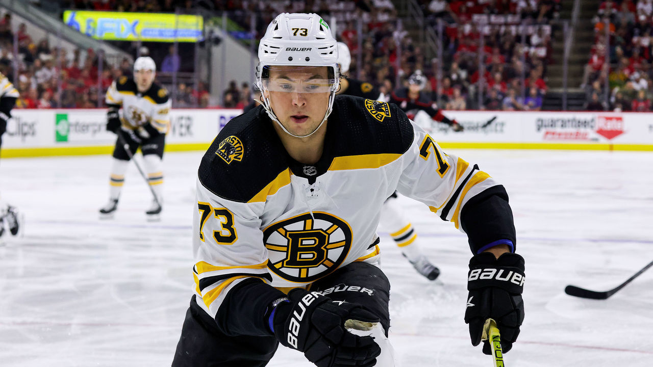 RALEIGH, NC - MAY 2: Charlie McAvoy #73 of the Boston Bruins skates into the corner to play the puck in Game One of the First Round of the 2022 Stanley Cup Playoffs against the Carolina Hurricanes on May 2, 2022 at PNC Arena in Raleigh, North Carolina.