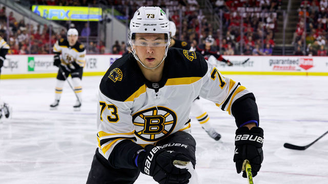 RALEIGH, NC - MAY 2: Charlie McAvoy #73 of the Boston Bruins skates into the corner to play the puck in Game One of the First Round of the 2022 Stanley Cup Playoffs against the Carolina Hurricanes on May 2, 2022 at PNC Arena in Raleigh, North Carolina.