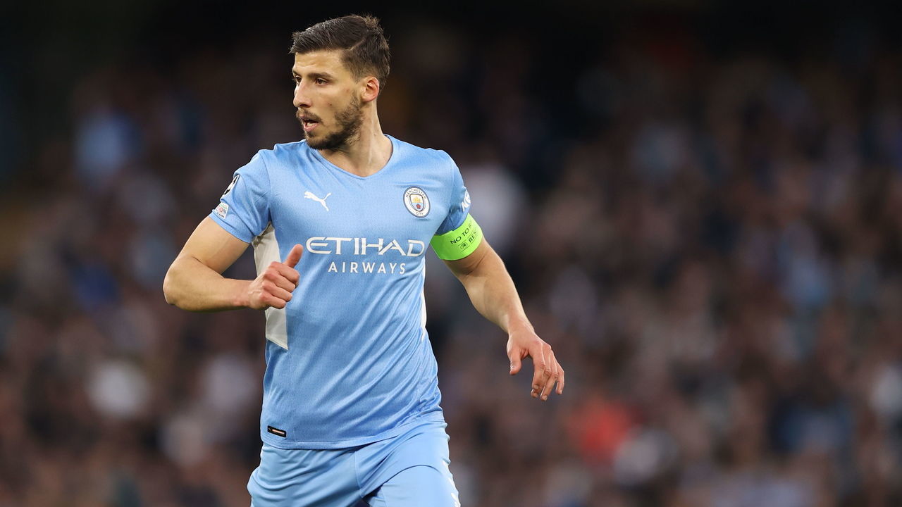 MANCHESTER, ENGLAND - APRIL 26: Ruben Dias of Manchester City during the UEFA Champions League Semi Final Leg One match between Manchester City and Real Madrid at City of Manchester Stadium on April 26, 2022 in Manchester, United Kingdom.