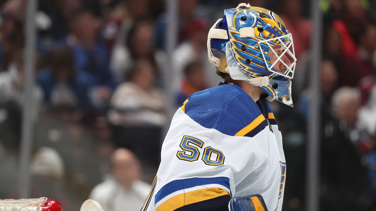 DENVER, COLORADO - APRIL 26: Goaltender Jordan Binnington #50 of the St. Louis Blues stands ready against the Colorado Avalanche at Ball Arena on April 26, 2022 in Denver, Colorado.