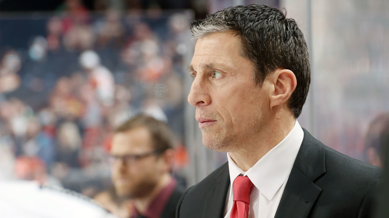 PHILADELPHIA, PA - FEBRUARY 21: Head Coach of the Carolina Hurricanes Rod Brind Amour watches the play on the ice from his bench during the first period against the Philadelphia Flyers at the Wells Fargo Center on February 21, 2022 in Philadelphia, Pennsylvania.