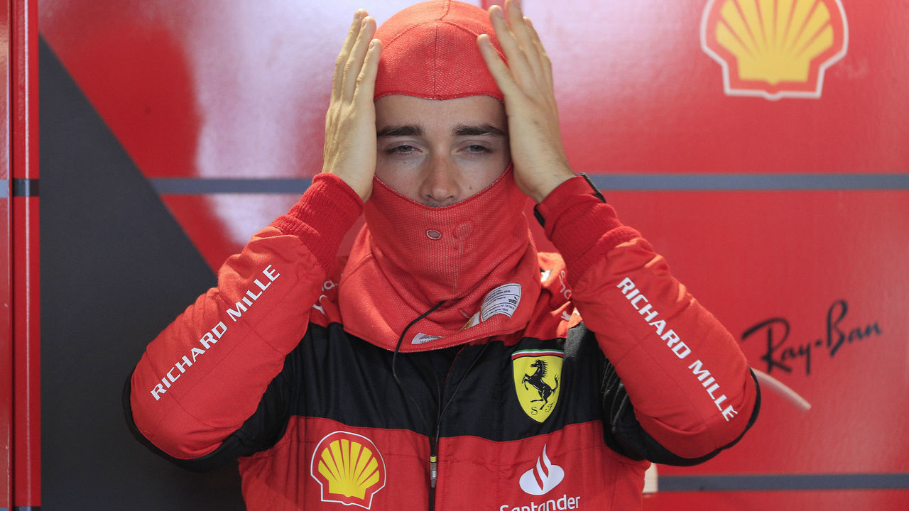 MIAMI GARDENS, FL - MAY 07: Scuderia Ferrari driver Charles Leclerc (16) of Monaco prepares for the 3rd practice for the Crypto.com Miami Grand Prix on May 7, 2022 at the Miami International Autodrome in Miami Gardens, Florida.