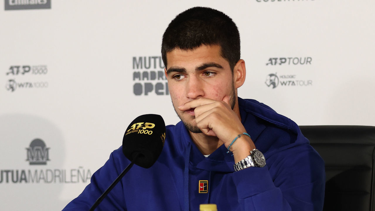 MADRID, SPAIN - MAY 08: Carlos Alcaraz of Spain attends his press conference with the winner trophy after the Final ATP match during the Mutua Madrid Open 2022 celebrated at La Caja Magica on May 08, 2022, in Madrid, Spain.
