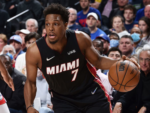 PHILADELPHIA, PA - MAY 8: Kyle Lowry #7 of the Miami Heat dribbles the ball during Game 4 of the 2022 NBA Playoffs Eastern Conference Semifinals against the Philadelphia 76ers on May 8, 2022 at the Wells Fargo Center in Philadelphia, Pennsylvania NOTE TO USER: User expressly acknowledges and agrees that, by downloading and/or using this Photograph, user is consenting to the terms and conditions of the Getty Images License Agreement. Mandatory Copyright Notice: Copyright 2022 NBAE