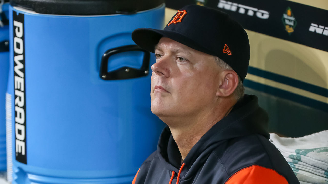 HOUSTON, TX - MAY 05: Detroit Tigers manager A.J. Hinch (14) looks toward the playing field from the visitors dugout during the baseball game between the Detroit Tigers and Houston Astros on May 5, 2022 at Minute Maid Park in Houston, Texas.