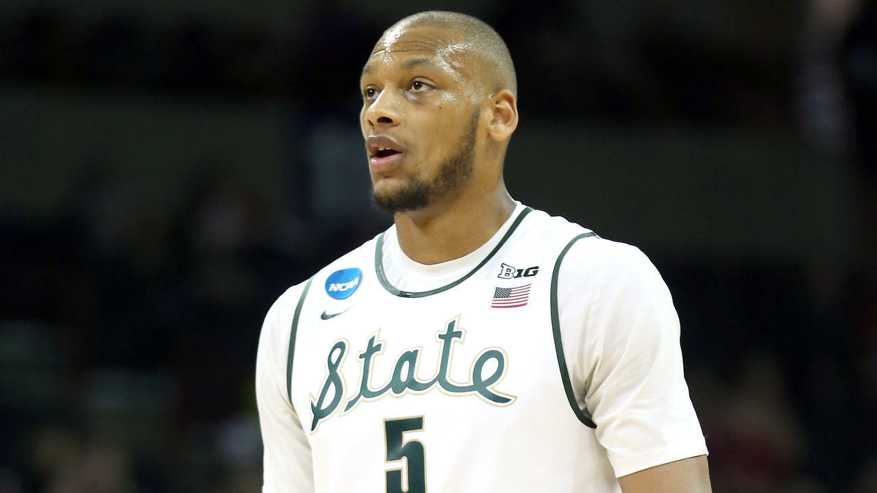SPOKANE, WA - MARCH 20: Adreian Payne #5 of the Michigan State Spartans lines up to shoot a free throw during their game against the Delaware Fightin Blue Hens in the second round of the 2014 NCAA Men's Basketball Tournament at Spokane Veterans Memorial Arena on March 20, 2014 in Spokane, Washington.