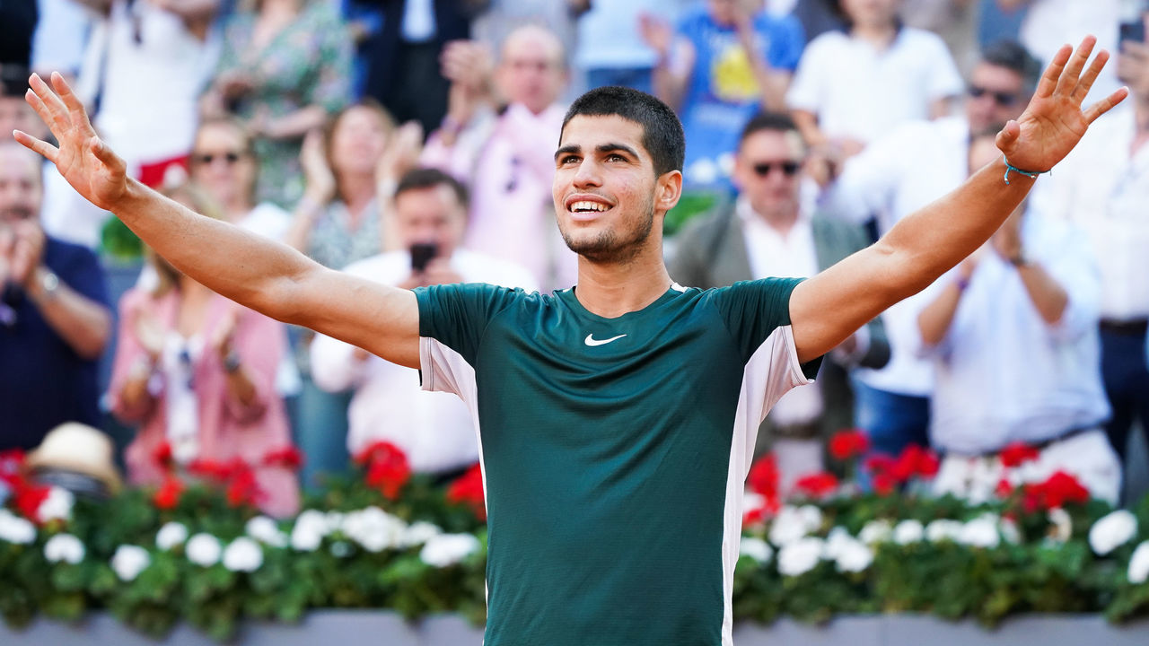 MADRID, SPAIN - 2022/05/08: Carlos Alcaraz Garfia of Spain celebrates after winning the men's Mutua Madrid Open after his victory in the men's final match at La Caja Magica in Madrid. Carlos Alcaraz defeats Alexander Zverev in the end (6-3,6-1).