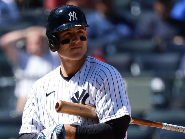 NEW YORK, NEW YORK - MAY 09: Anthony Rizzo #48 of the New York Yankees walks to the dugout after striking out during the fifth inning of the game against the Texas Rangers at Yankee Stadium on May 09, 2022 in New York City.