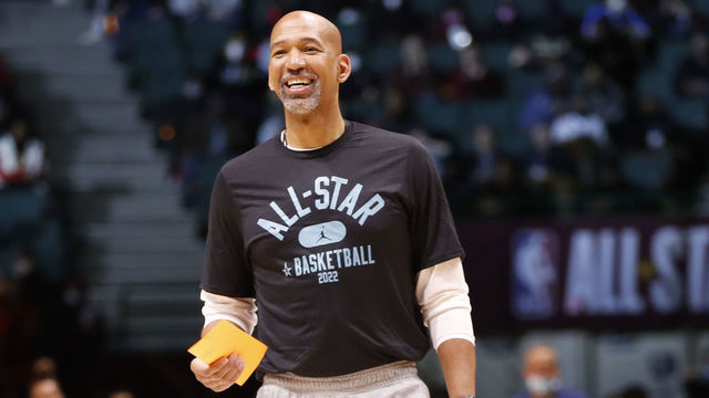 CLEVELAND, OH - FEBRUARY 19: Head Coach Monty Williams of Team LeBron smiles during NBA All Star Practice as part of 2022 NBA All Star Weekend on Saturday, February 19, 2022 at Wolstein Center in Cleveland, Ohio. NOTE TO USER: User expressly acknowledges and agrees that, by downloading and/or using this Photograph, user is consenting to the terms and conditions of the Getty Images License Agreement. Mandatory Copyright Notice: Copyright 2022 NBAE
