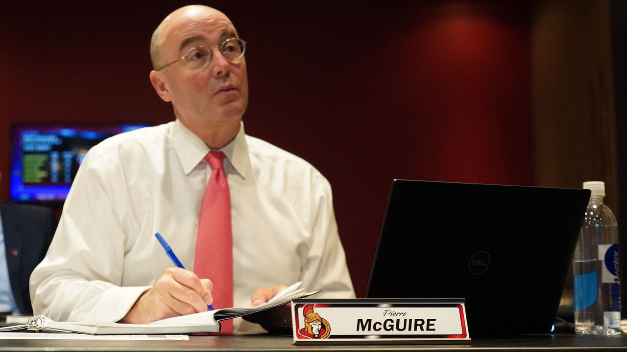 OTTAWA, CANADA - JULY 24: SVP of Player Development Pierre McGuire of the Ottawa Senators takes notes during rounds 2-7 of the 2021 NHL Entry Draft at Canadian Tire Centre on July 24, 2021 in Ottawa, Ontario, Canada.