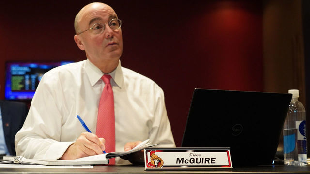 OTTAWA, CANADA - JULY 24: SVP of Player Development Pierre McGuire of the Ottawa Senators takes notes during rounds 2-7 of the 2021 NHL Entry Draft at Canadian Tire Centre on July 24, 2021 in Ottawa, Ontario, Canada.