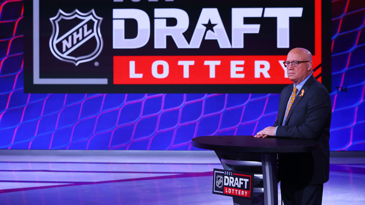 SECAUCUS, NEW JERSEY - JUNE 02: : National Hockey League Deputy Commissioner Bill Daly announces draft position during the 2021 NHL Draft Lottery on June 02, 2021 at the NHL Network's studio in Secaucus, New Jersey.