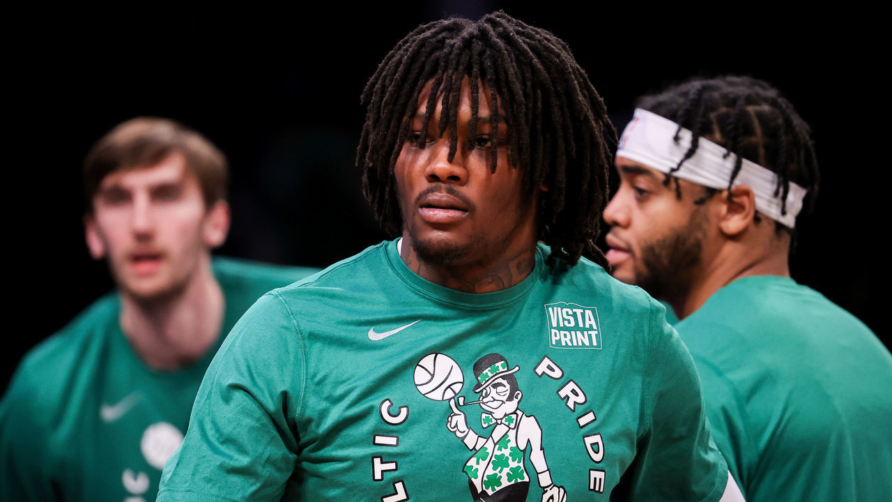 NEW YORK, NY - APRIL 25: Robert Williams III of Boston Celtics warms up before NBA playoffs between Brooklyn Nets and Boston Celtics at the Barclays Center in Brooklyn of New York City, United States on April 25, 2022.