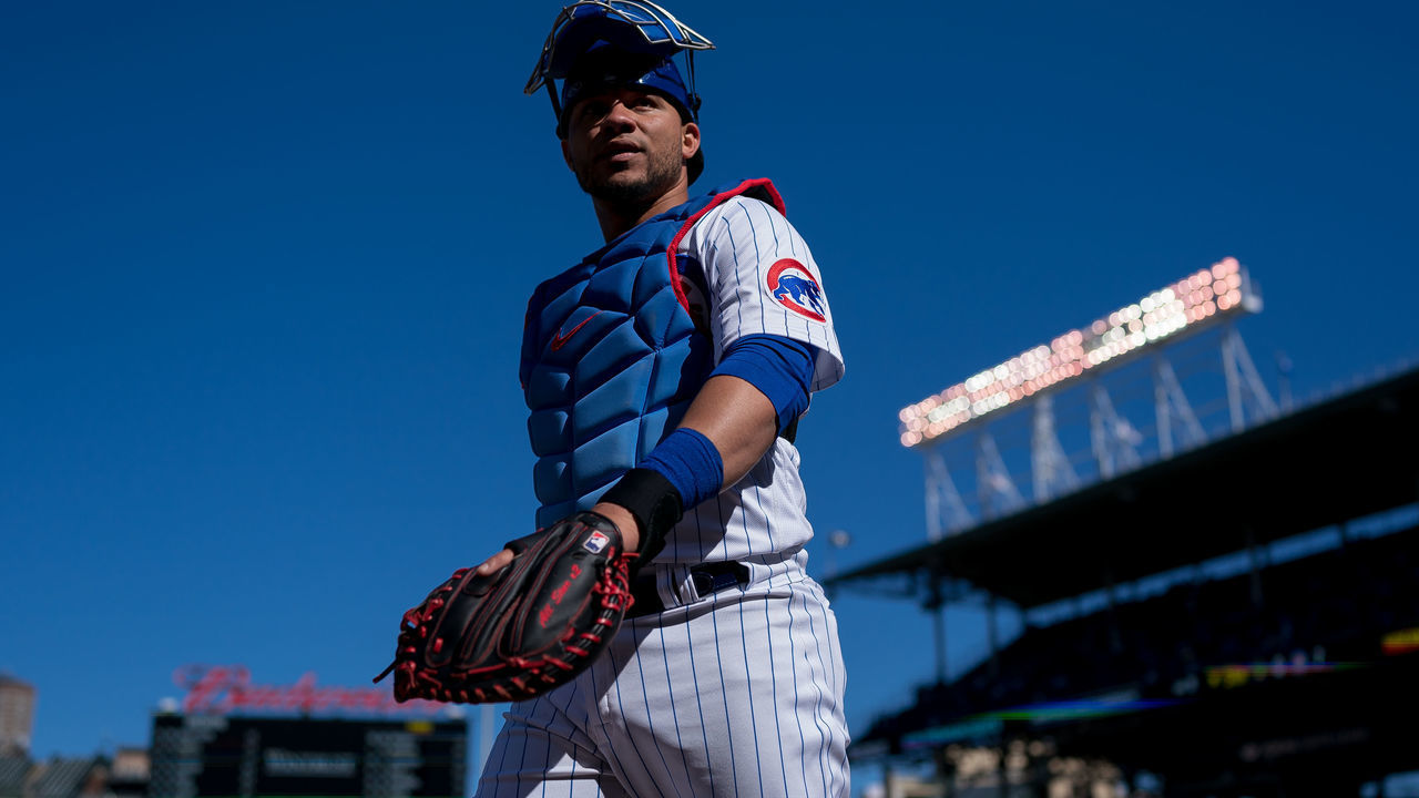 CHICAGO, IL - APRIL 9: Willson Contreras of the Chicago Cubs exits the field of play in a game against the Milwaukee Brewers at Wrigley Field on April 9, 2022 in Chicago, Illinois.