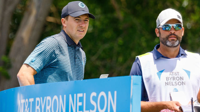 MCKINNEY, TX - MAY 15: Jordan Spieth looks on with his caddie on the #2 tee box during the third round of the AT&T Byron Nelson on May 15, 2021 at TPC Craig Ranch in McKinney, Texas.