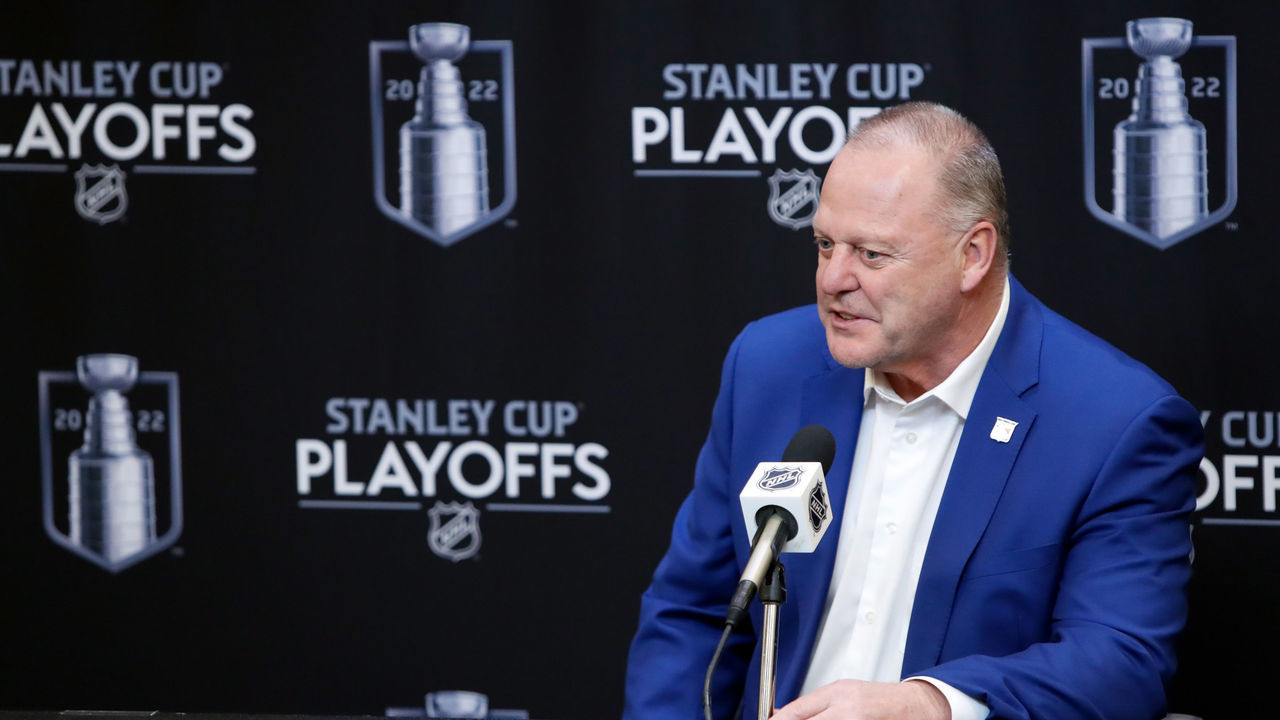 NEW YORK, NY - MAY 03: Head coach Gerard Gallant of the New York Rangers speaks to media prior to Game One of the First Round of the 2022 Stanley Cup Playoffs against the Pittsburgh Penguins at Madison Square Garden on May 3, 2022 in New York City.