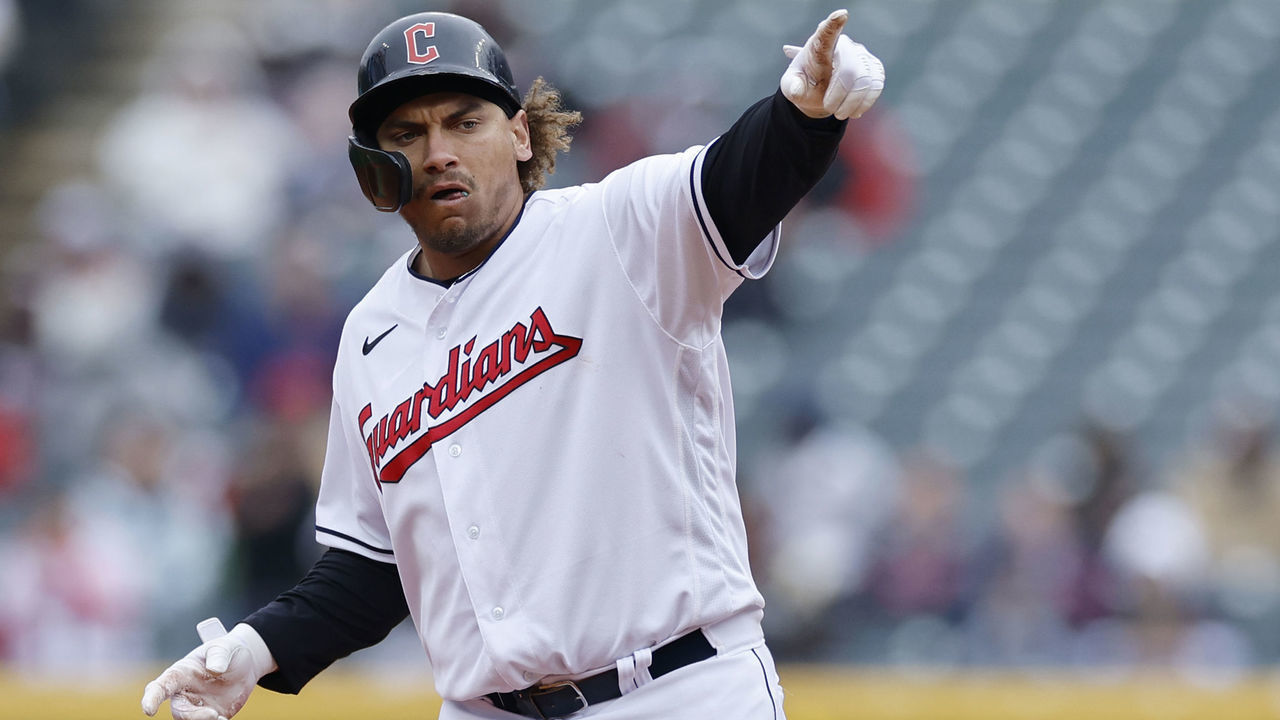 CLEVELAND, OH - MAY 04: Cleveland Guardians first baseman Josh Naylor (22) reacts after hitting a two-run single during game one of an MLB doubleheader against the San Diego Padres on May 4, 2022 at Progressive Field in Cleveland, Ohio.