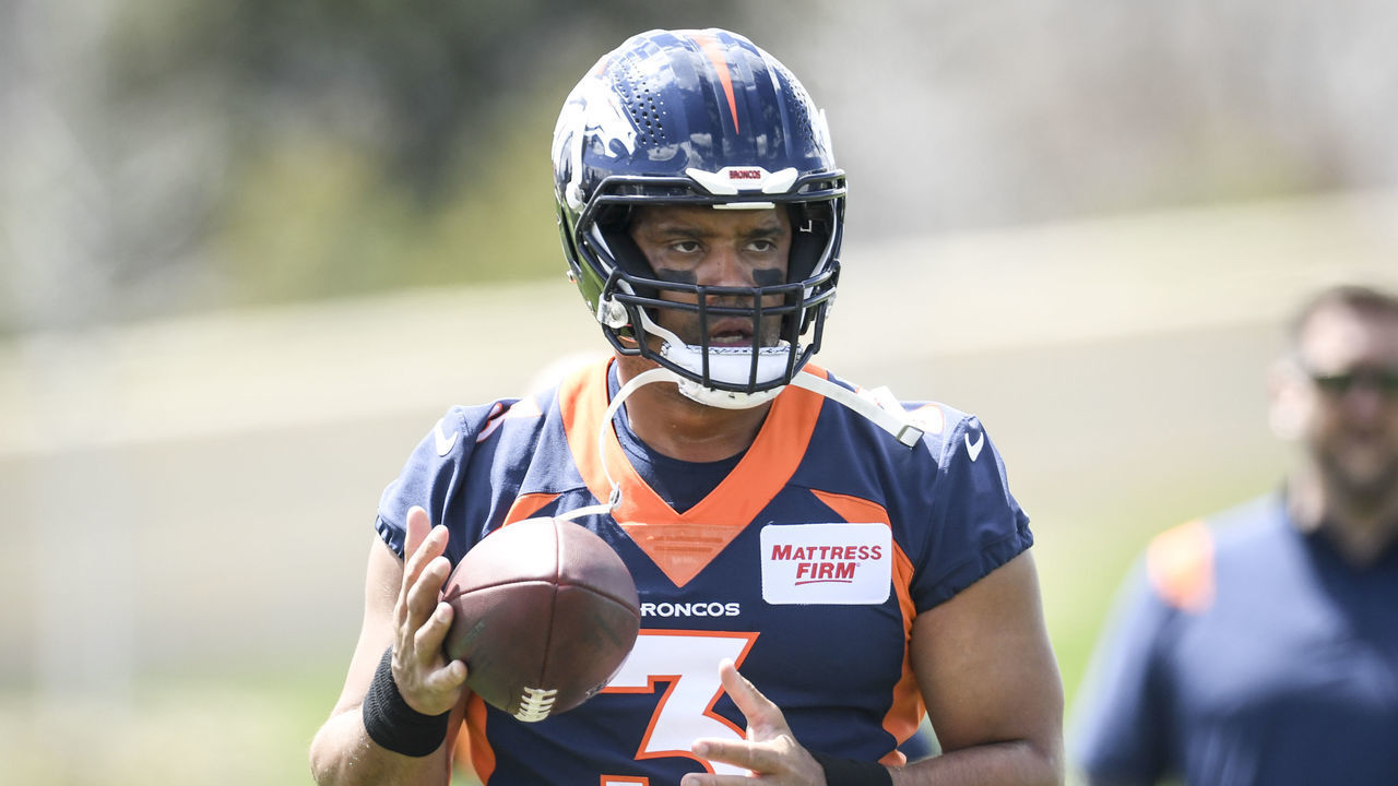 ENGLEWOOD , CO - APRIL 25: Russell Wilson (3) of the Denver Broncos works out during mini camp on Monday, April 25, 2022.