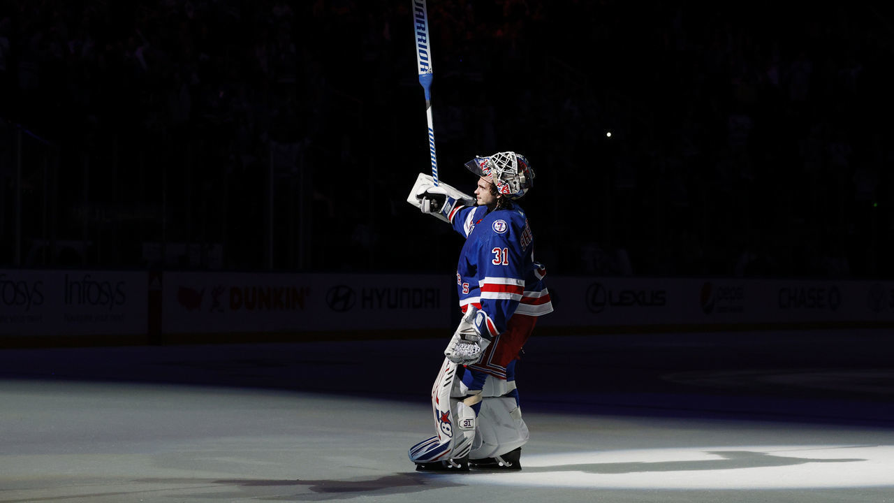 NEW YORK, NEW YORK - OCTOBER 29: Igor Shesterkin #31 of the New York Rangers is given the first star of the game after the third period against the Columbus Blue Jackets at Madison Square Garden on October 29, 2021 in New York City. The Rangers won 4-0.