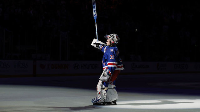NEW YORK, NEW YORK - OCTOBER 29: Igor Shesterkin #31 of the New York Rangers is given the first star of the game after the third period against the Columbus Blue Jackets at Madison Square Garden on October 29, 2021 in New York City. The Rangers won 4-0.