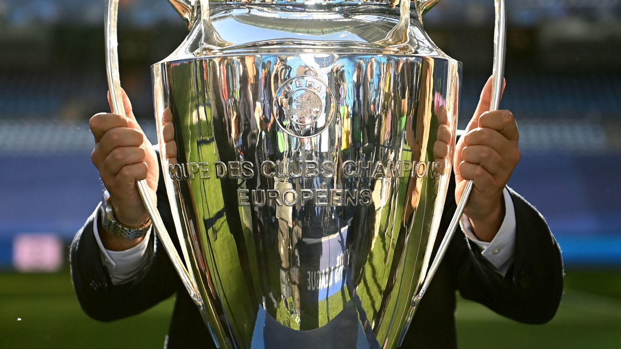 MADRID, SPAIN - MAY 04: A general view of the European Cup trophy during the UEFA Champions League Semi Final Leg Two match between Real Madrid and Manchester City at Estadio Santiago Bernabeu on May 04, 2022 in Madrid, Spain.