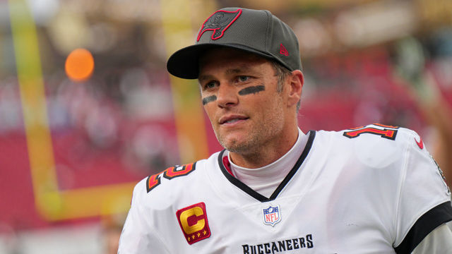 TAMPA, FL - JANUARY 16: Tampa Bay Buccaneers quarterback Tom Brady (12) looks on during the game between the Philadelphia Eagles and the Tampa Bay Buccaneers on January 16, 2022 at Raymond James Stadium in Tampa, FL.