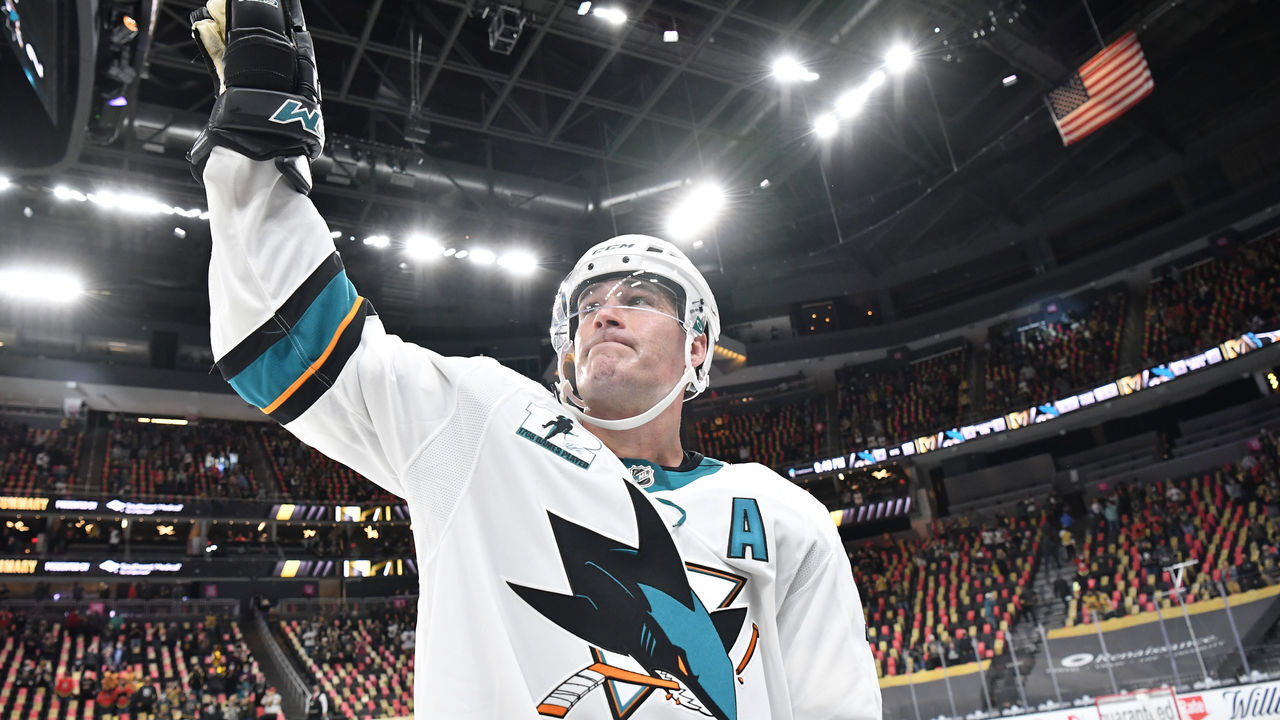 LAS VEGAS, NV - APRIL 19: Patrick Marleau #12 of the San Jose Sharks waves to the fans after breaking Gordie Howe's record for most games played against the Vegas Golden Knights at T-Mobile Arena on April 19, 2021 in Las Vegas, Nevada.