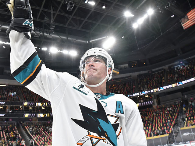 LAS VEGAS, NV - APRIL 19: Patrick Marleau #12 of the San Jose Sharks waves to the fans after breaking Gordie Howe's record for most games played against the Vegas Golden Knights at T-Mobile Arena on April 19, 2021 in Las Vegas, Nevada.