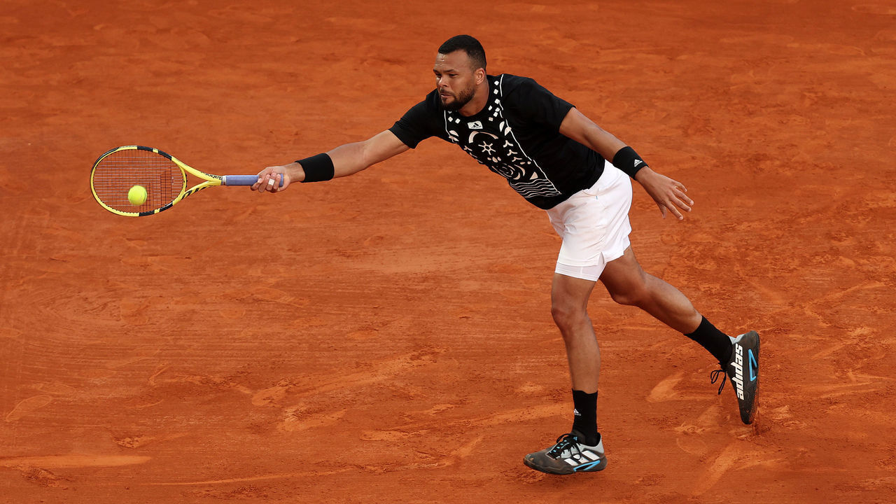 MONTE-CARLO, MONACO - APRIL 11: Jo-Wilfried Tsonga of France in action against Marin Cilic of Croatia during day two of the Rolex Monte-Carlo Masters at Monte-Carlo Country Club on April 11, 2022 in Monte-Carlo, Monaco.