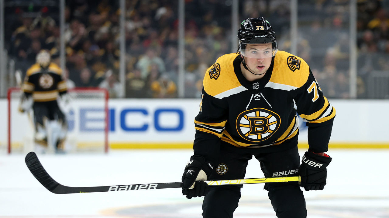 BOSTON, MASSACHUSETTS - APRIL 26: Charlie McAvoy #73 of the Boston Bruins looks on against the Florida Panthers during the first period at TD Garden on April 26, 2022 in Boston, Massachusetts.