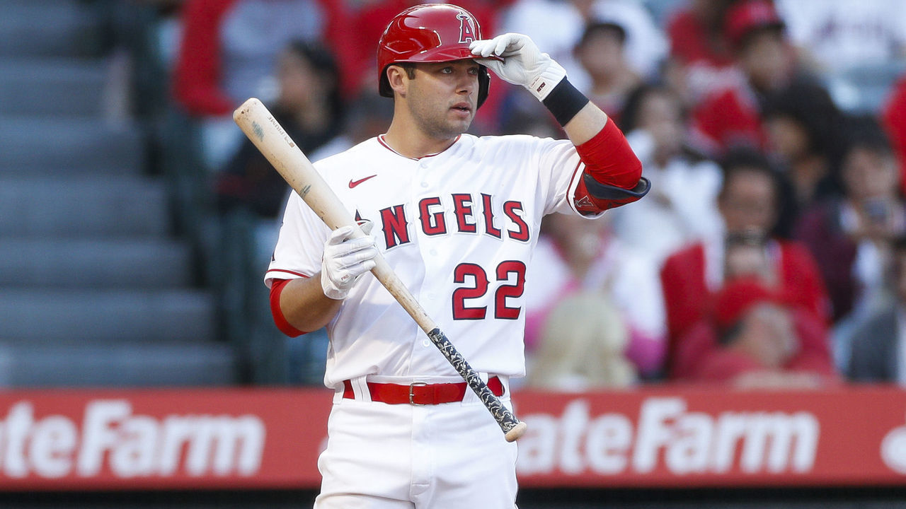ANAHEIM, CA - MAY 07: Los Angeles Angels second basemen David Fletcher (22) looks on during a regular season MLB game between the Los Angeles Angels and the Washington Nationals on May 7, 2022 at Angel Stadium in Anaheim, CA.
