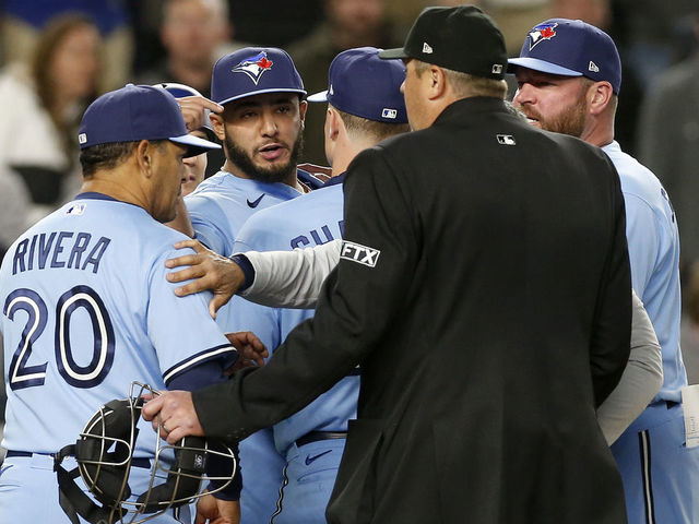 Umpire Baker leaves Blue Jays-Red Sox game after being struck by