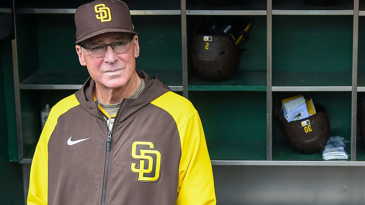 PITTSBURGH, PA - MAY 01: Bob Melvin #3 of the San Diego Padres looks on from the dugout before the start of the game against the Pittsburgh Pirates at PNC Park on May 1, 2022 in Pittsburgh, Pennsylvania.