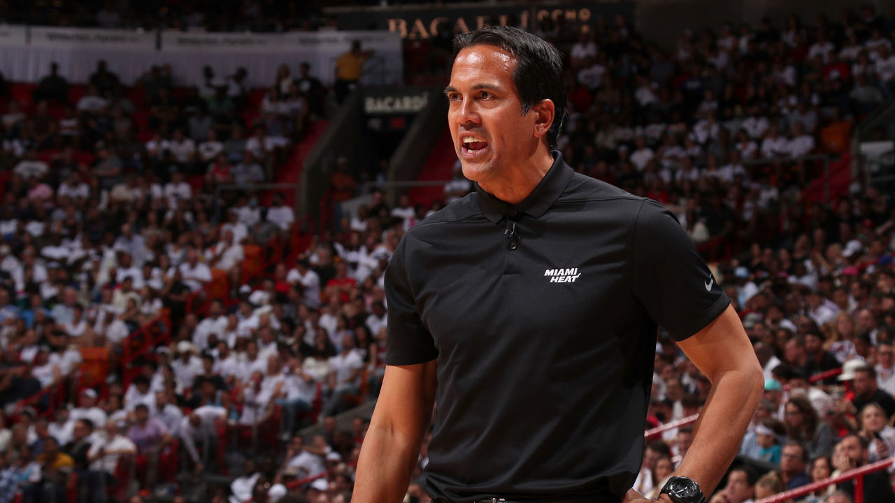 MIAMI, FL - MAY 10: Head Coach Erik Spoelstra of the Miami Heat looks on during the game a\against the Philadelphia 76ers during Game 5 of the 2022 NBA Playoffs Eastern Conference Semifinals on May 10, 2022 at FTX Arena in Miami, Florida. Mandatory Copyright Notice: Copyright 2022 NBAE