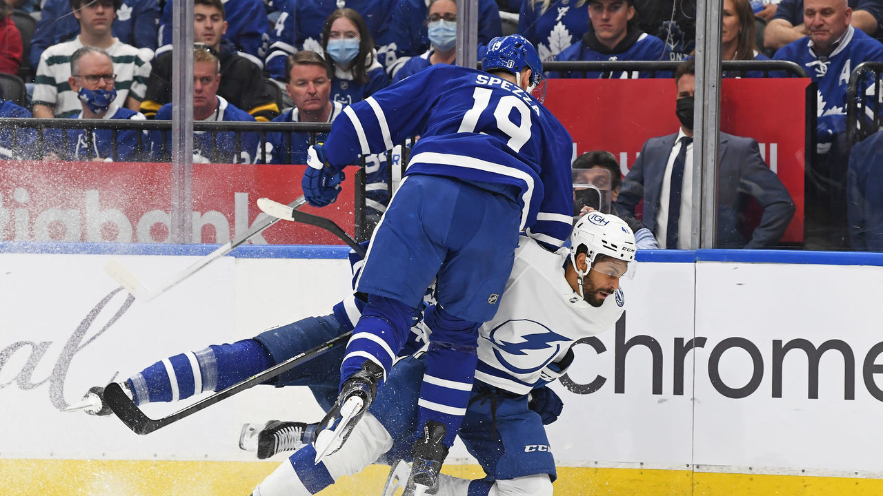 TORONTO, ON - MAY 10: Tampa Bay Lightning Center Pierre-Edouard Bellemare (41) is checked by Toronto Maple Leafs Right Wing Jason Spezza (19) in the first period during Round 1 Game 5 of the NHL Stanley Cup Playoffs between The Tampa Bay Lightning and Toronto Maple Leafs on May 10, 2022 at Scotiabank Arena in Toronto, ON.