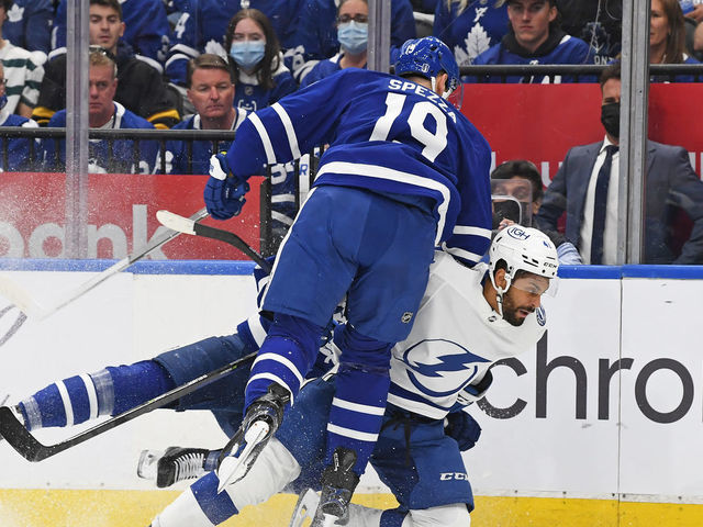 TORONTO, ON - MAY 10: Tampa Bay Lightning Center Pierre-Edouard Bellemare (41) is checked by Toronto Maple Leafs Right Wing Jason Spezza (19) in the first period during Round 1 Game 5 of the NHL Stanley Cup Playoffs between The Tampa Bay Lightning and Toronto Maple Leafs on May 10, 2022 at Scotiabank Arena in Toronto, ON.