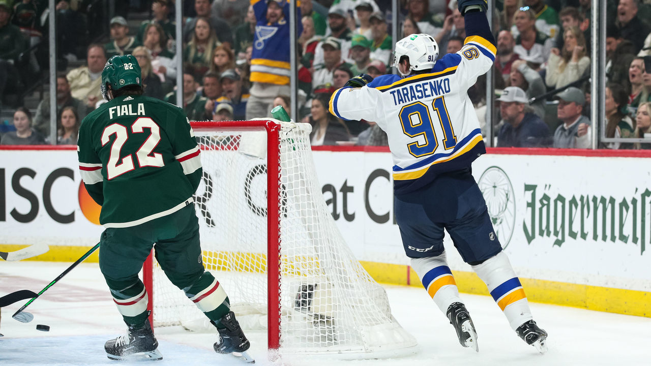 ST PAUL, MN - MAY 10: Vladimir Tarasenko #91 of the St. Louis Blues celebrates a power play goal by teammate Ryan O'Reilly #90 against the Minnesota Wild in the first period in Game Five of the First Round of the 2022 Stanley Cup Playoffs at Xcel Energy Center on May 10, 2022 in St Paul, Minnesota.