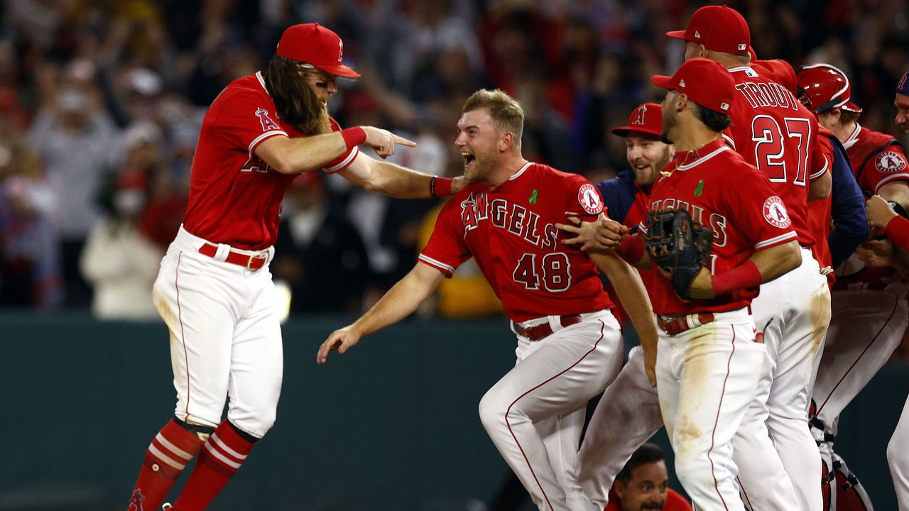 ANAHEIM, CALIFORNIA - MAY 10: Reid Detmers #48 of the Los Angeles Angels celebrates a no-hitter against the Tampa Bay Rays at Angel Stadium of Anaheim on May 10, 2022 in Anaheim, California.