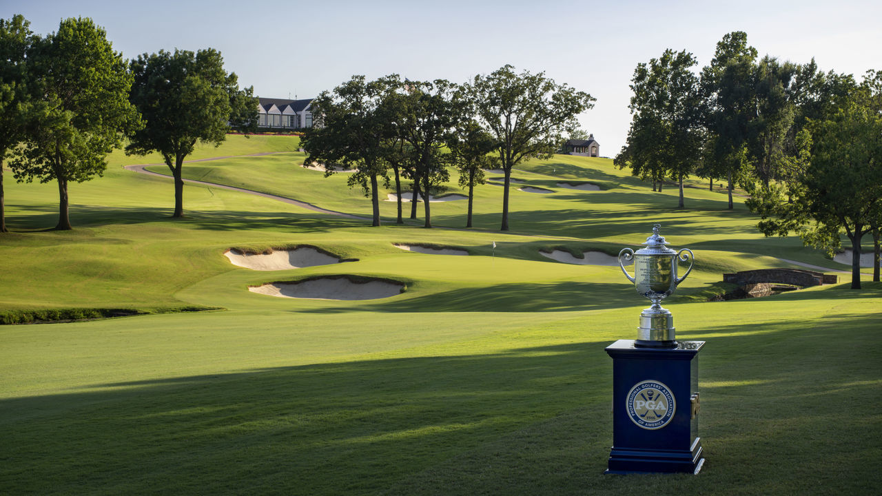 TULSA, OKLAHOMA - AUGUST 10: A view of the Wanamaker trophy from the 12th hole at Southern Hills Country Club on August 10, 2021 in Tulsa, Oklahoma.