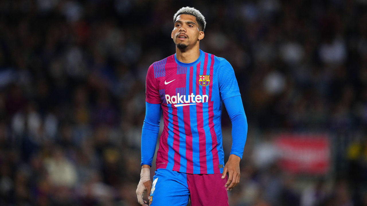BARCELONA, SPAIN - MAY 10: Ronald Araujo of FC Barcelona looks on during the La Liga Santander match between FC Barcelona and RC Celta de Vigo at Camp Nou on May 10, 2022 in Barcelona, Spain.