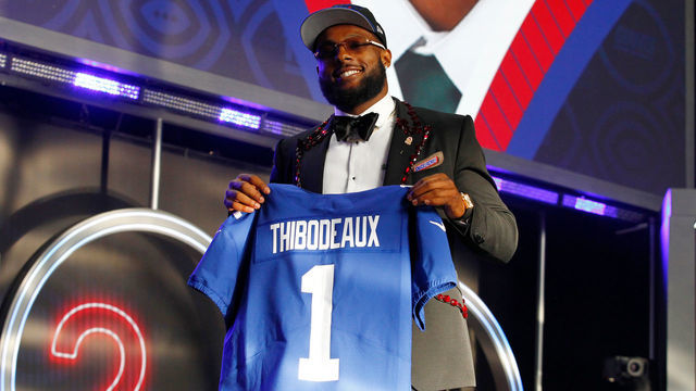 LAS VEGAS, NV - APRIL 28: Kayvon Thibodeaux, Oregon, is selected as the number five overall pick by the New York Giants during the NFL Draft on April 28, 2022 in Las Vegas, Nevada.