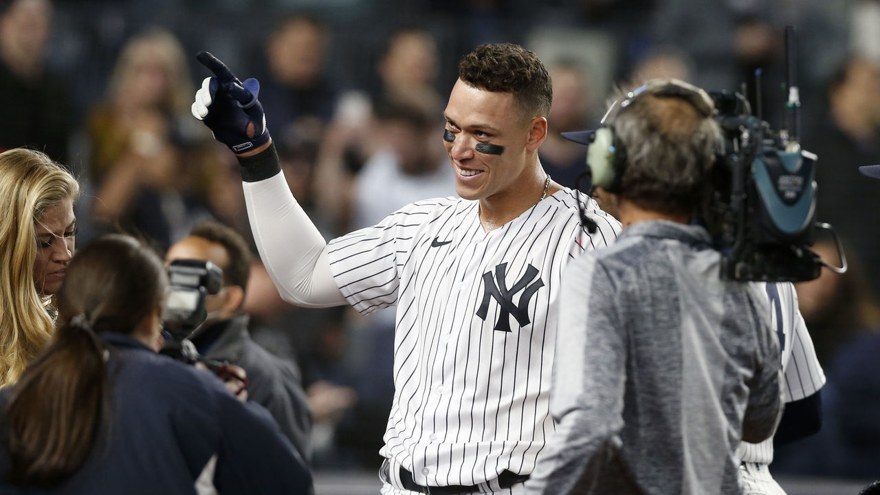 NEW YORK, NEW YORK - MAY 10: Aaron Judge #99 of the New York Yankees celebrates his ninth inning game winning three run home run against the Toronto Blue Jays at Yankee Stadium on May 10, 2022 in New York City.