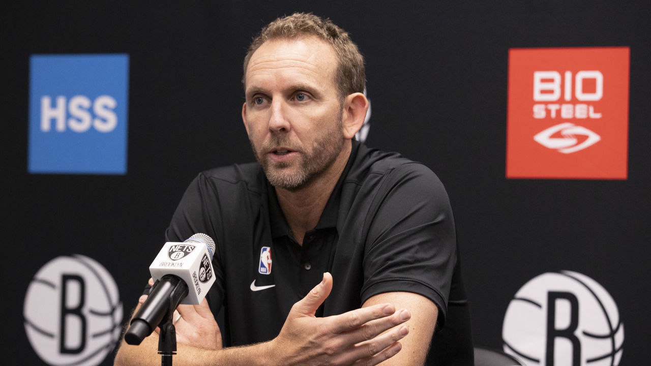 BROOKLYN, NY - AUGUST 2: General Manager Sean Marks of the Brooklyn Nets talks to the media during the press conference on August 2, 2021 at HSS Training Center in Brooklyn, New York. Mandatory Copyright Notice: Copyright 2021 NBAE