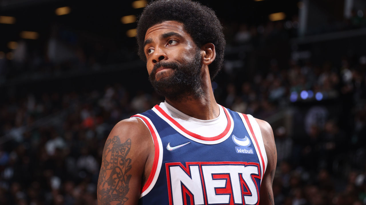 BROOKLYN, NY - APRIL 25: Kyrie Irving #11 of the Brooklyn Nets looks on during Round 1 Game 4 of the 2022 NBA Playoffs on April 25, 2022 at Barclays Center in Brooklyn, New York. Mandatory Copyright Notice: Copyright 2022 NBAE