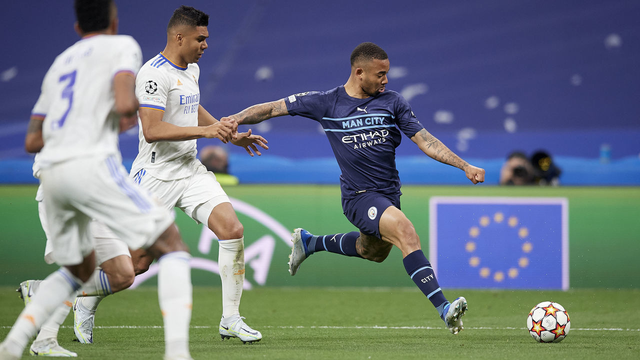 Gabriel Jesus of Manchester City shooting to goal during the UEFA Champions League Semi Final Leg Two match between Real Madrid and Manchester City at Estadio Santiago Bernabeu on May 4, 2022 in Madrid, Spain.