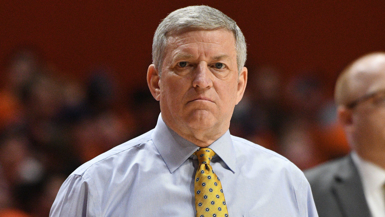 CHAMPAIGN, IL - MARCH 08: Iowa Hawkeyes assistant coach Kirk Speraw looks on as players warm up for the Big Ten Conference college basketball game between the Iowa Hawkeyes and the Illinois Fighting Illini on March 8, 2020, at the State Farm Center in Champaign, Illinois.