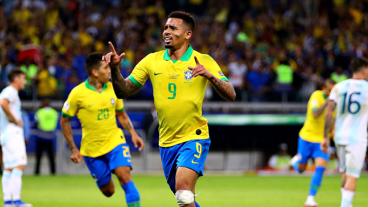 BELO HORIZONTE, BRAZIL - JULY 02: Gabriel Jesus of Brazil celebrates scoring the opening goal during the Copa America Brazil 2019 Semi Final match between Brazil and Argentina at Mineirao Stadium on July 02, 2019 in Belo Horizonte, Brazil.