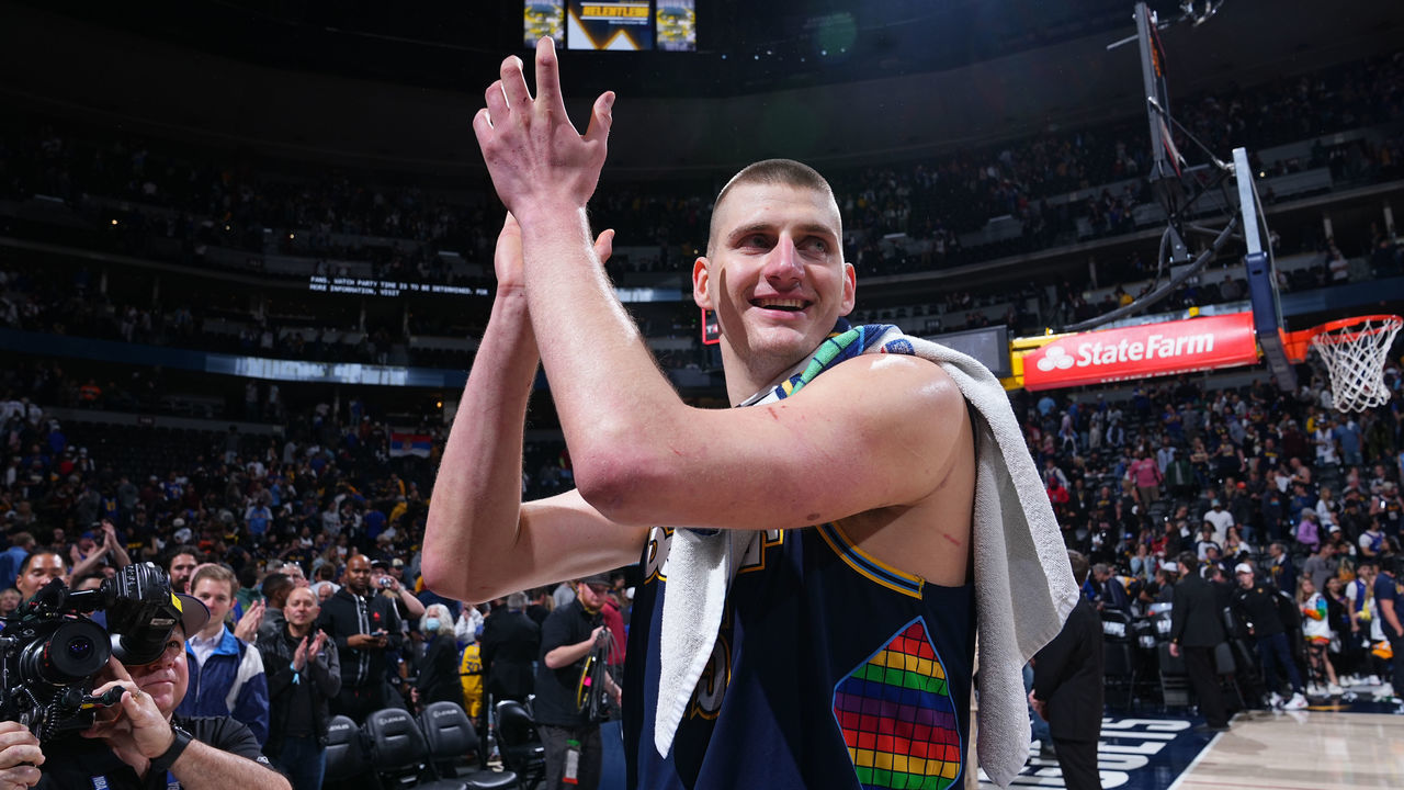 DENVER, CO - APRIL 24: Nikola Jokic #15 of the Denver Nuggets walks off the court after the game against the Golden State Warriors during Round 1 Game 4 of the 2022 NBA Playoffs on April 24, 2022 at the Ball Arena in Denver, Colorado. NOTE TO USER: User expressly acknowledges and agrees that, by downloading and/or using this Photograph, user is consenting to the terms and conditions of the Getty Images License Agreement. Mandatory Copyright Notice: Copyright 2022 NBAE