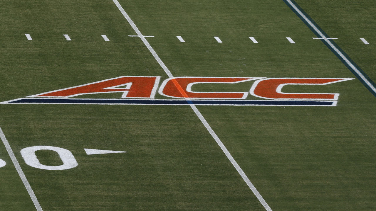 CHARLOTTESVILLE, VA - SEPTEMBER 04: Field with yard markings and ACC logo during a game between the William & Mary Tribe and the Virginia Cavaliers on September 04, 2021, at Scott Stadium in Charlottesville, VA